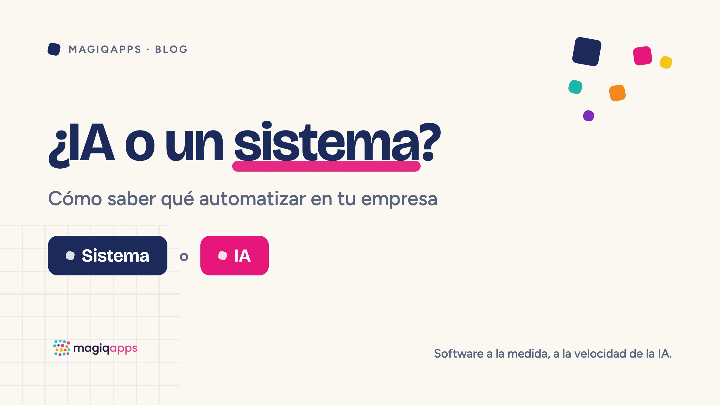 Portada del artículo: dos etiquetas, «Sistema» e «IA», bajo la pregunta ¿IA o un sistema?, en la identidad de MagiqApps.